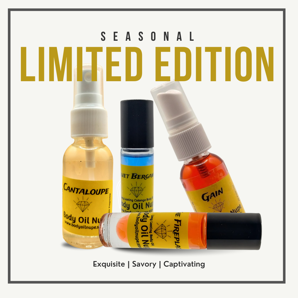 Four labeled body oil bottles—Cantaloupe, Sweet Bergamot, Gain, and Firefly—stand in a row beneath bold text “SEASONAL LIMITED EDITION.” Tagline below reads “Exquisite | Savory | Captivating,” highlighting the scent experience.