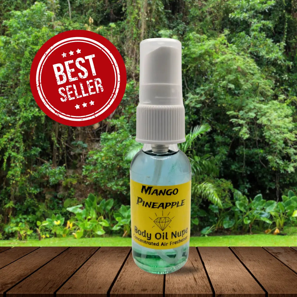 Mango Pineapple air fragrance with Best Seller label with forest background and brown table