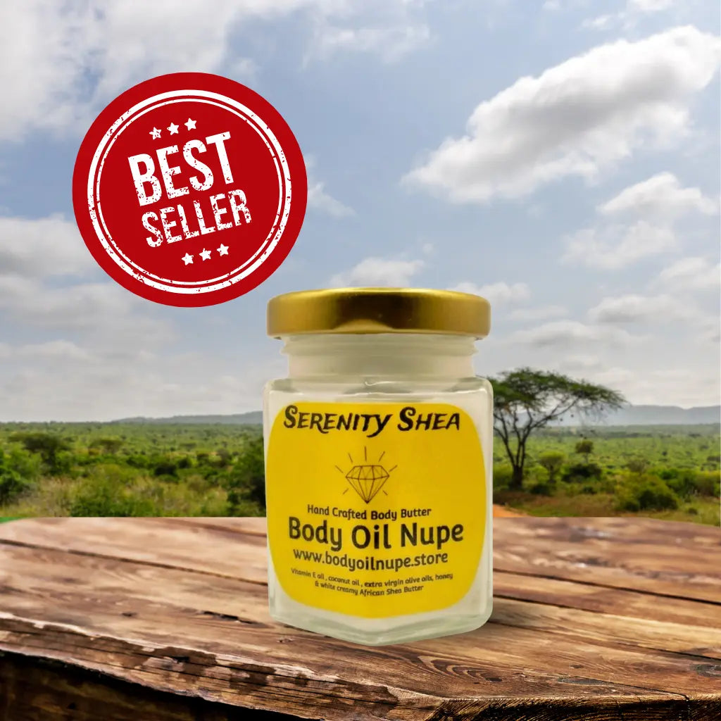 Serenity Shea all-natural organic shea butter by Body Oil Nupe inside glass jar with gold top and red 'Best Seller' label. Background is African safari sitting on wooden table