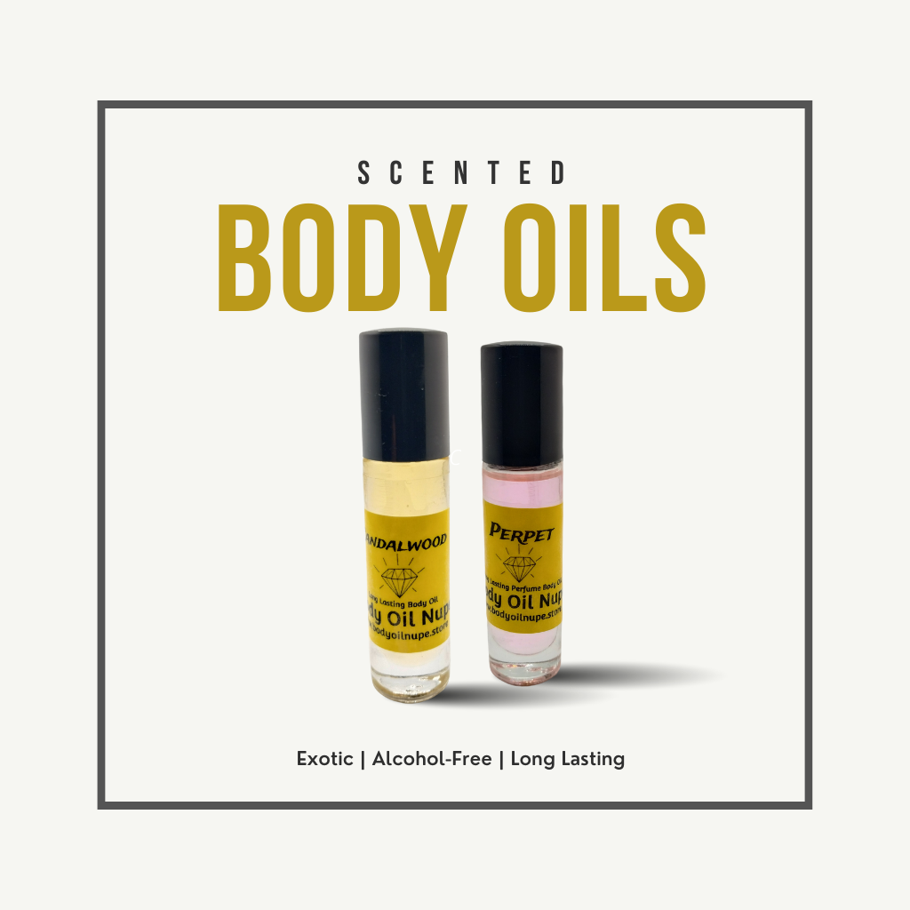 Two bottles of scented body oils labeled Sandalwood and Perpet, one with yellow oil and the other with pink, positioned beneath bold text reading 'Scented Body Oils' and a tagline 'Exotic Alcohol-Free Long Lasting.