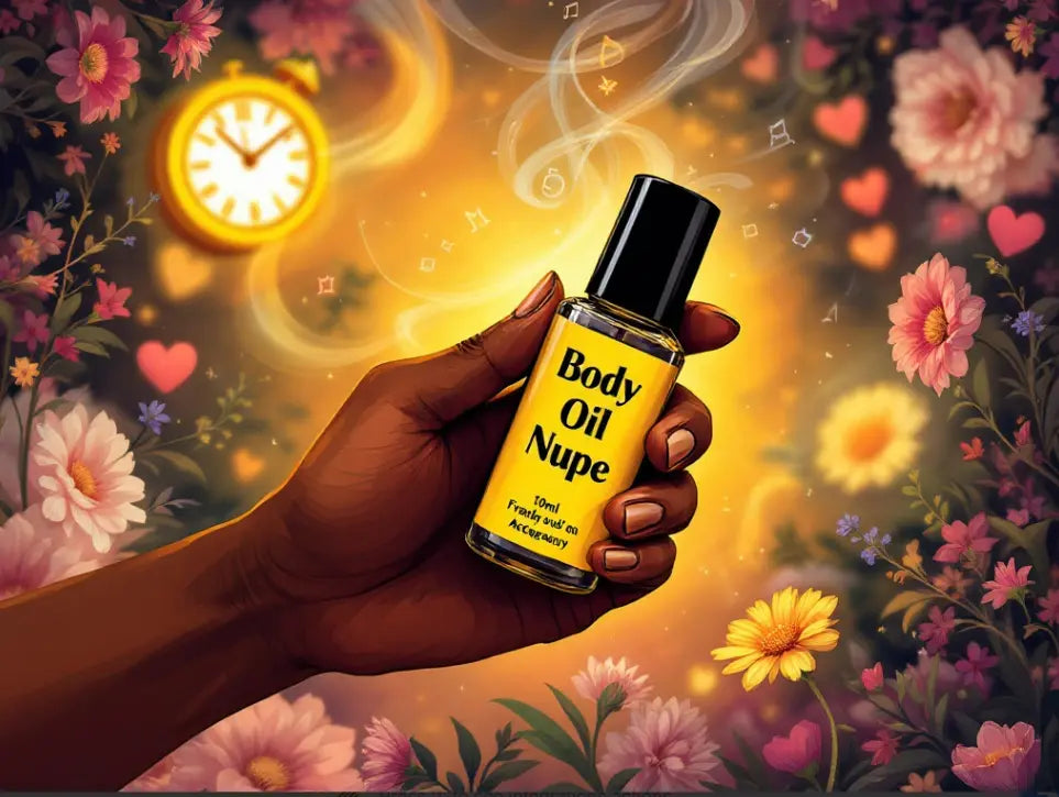 Illustration of an African-American hand holding a 10ml Body Oil Nupe bottle with a black top and bright yellow label, surrounded by swirling fragrance elements, flowers, and a clock, set against a warm, glowing background.
