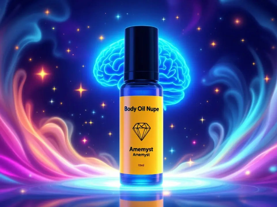 Amemyst body oil bottle with a black top and bright yellow label from Body Oil Nupe, featuring a diamond logo and text, set against a white background