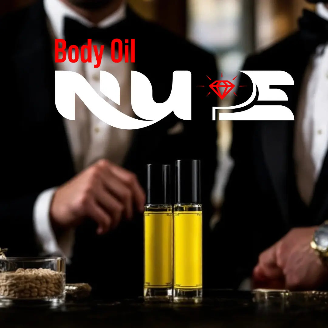 Luxury long lasting body oil fragrances by Body Oil Nupe displayed with elegant masculine lifestyle aesthetic