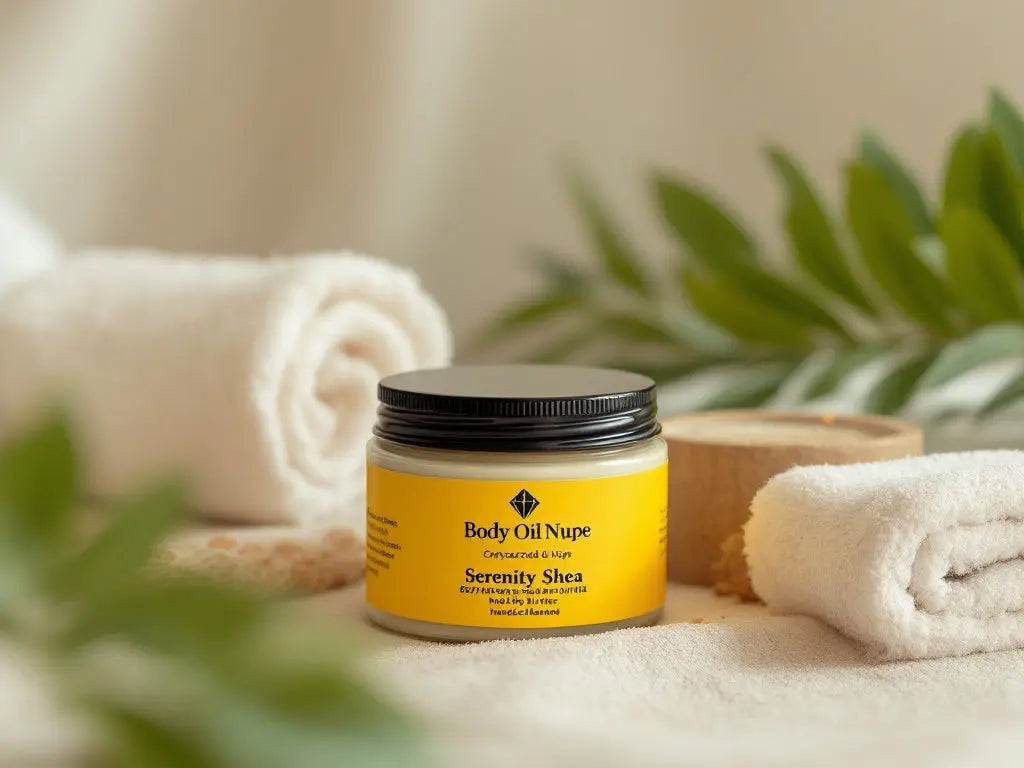 Yellow Body Oil Nupe container of Serenity Shea's Body butter