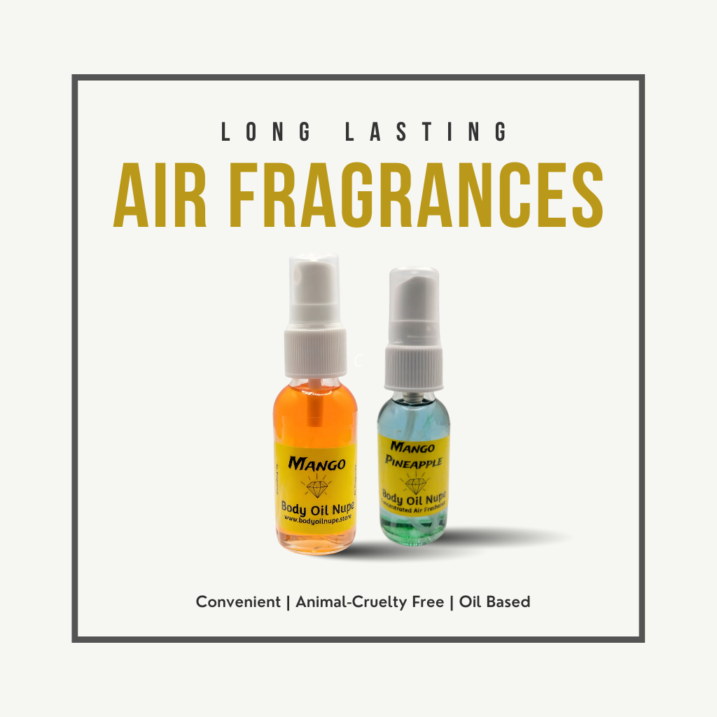 Two spray bottles labeled “Mango” and “Mango Pineapple” stand side by side beneath the title “LONG LASTING AIR FRAGRANCES.” Descriptors below highlight: “Convenient | Animal-Cruelty Free | Oil Based.” Vibrant and tropical in tone.