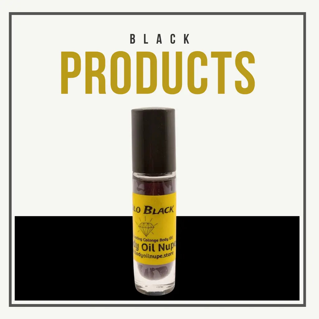 A roll-on bottle labeled “OLD BLACK” and “Healing Essence Body Oil Nup” with a black cap is centered on a split background—white above, black below. The bold title “BLACK PRODUCTS” appears in black and gold, evoking strength and healing.
