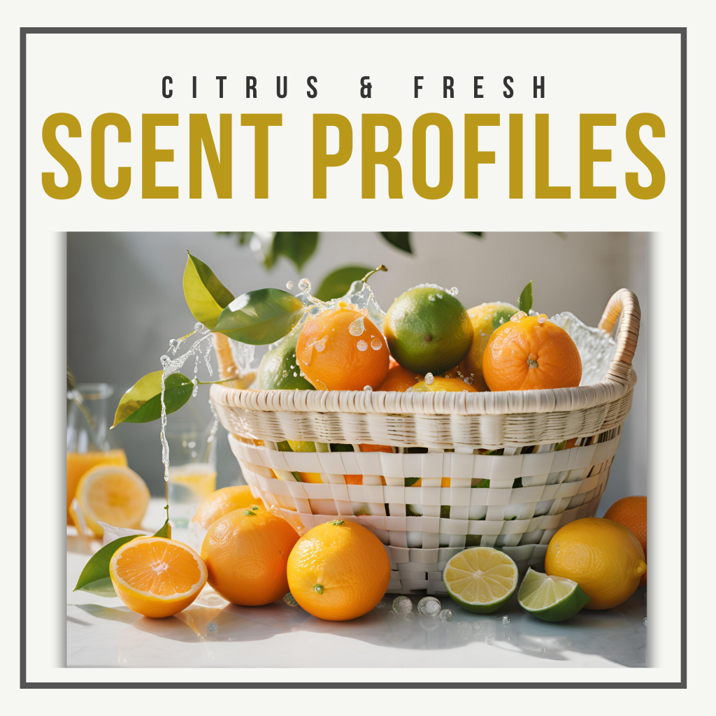 A basket of fresh oranges, lemons, and limes with dewy leaves on a white backdrop. Bold yellow text reads “CITRUS & FRESH SCENT PROFILES,” highlighting vibrant citrus energy.