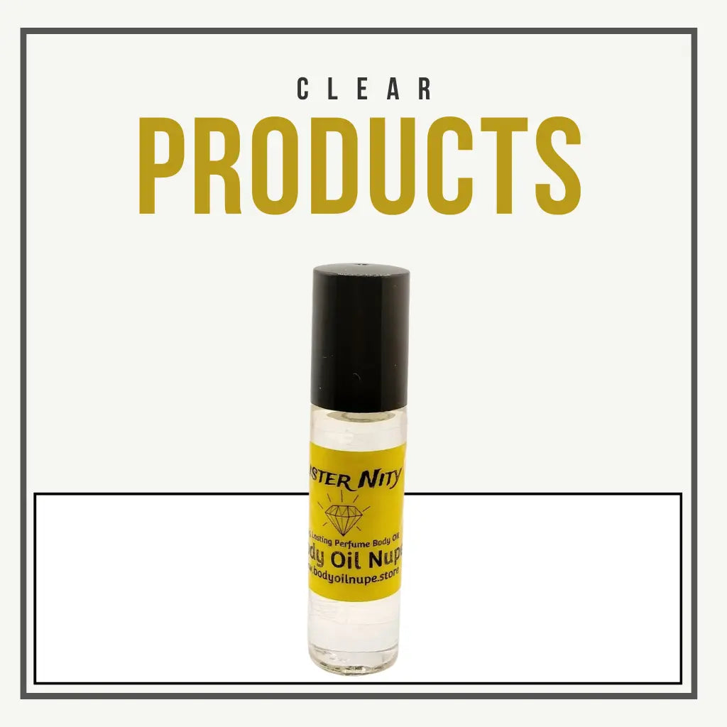 A clear bottle labeled “Super Nitty” and “Bug Oil Nurture” with a black cap sits against a white background. Bold gold text at the top reads “CLEAR PRODUCTS,” emphasizing transparency, purity, and minimalism in product design.