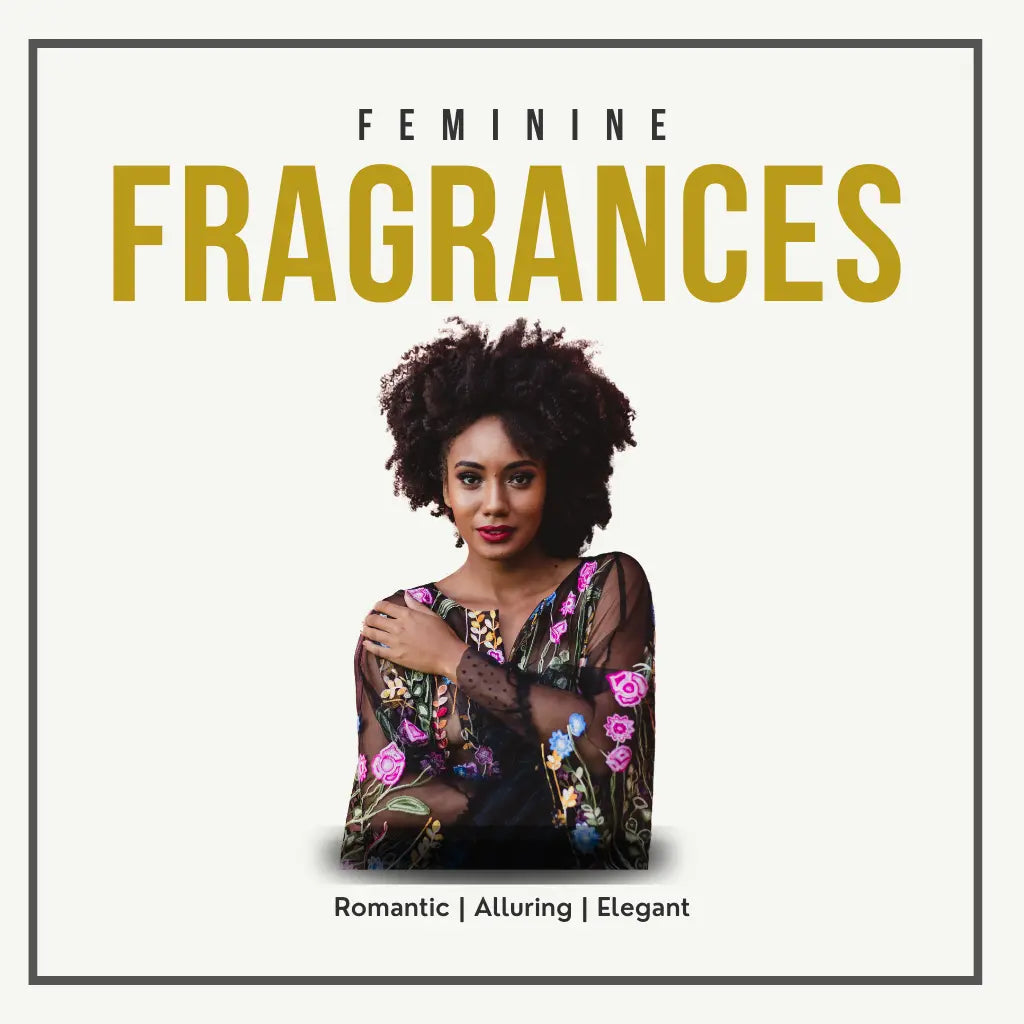 A person wearing a soft floral dress with sheer sleeves stands beneath the title “FEMININE FRAGRANCES.” The text below reads “Romantic | Alluring | Elegant,” reflecting the graceful and sensual essence of the scent collection