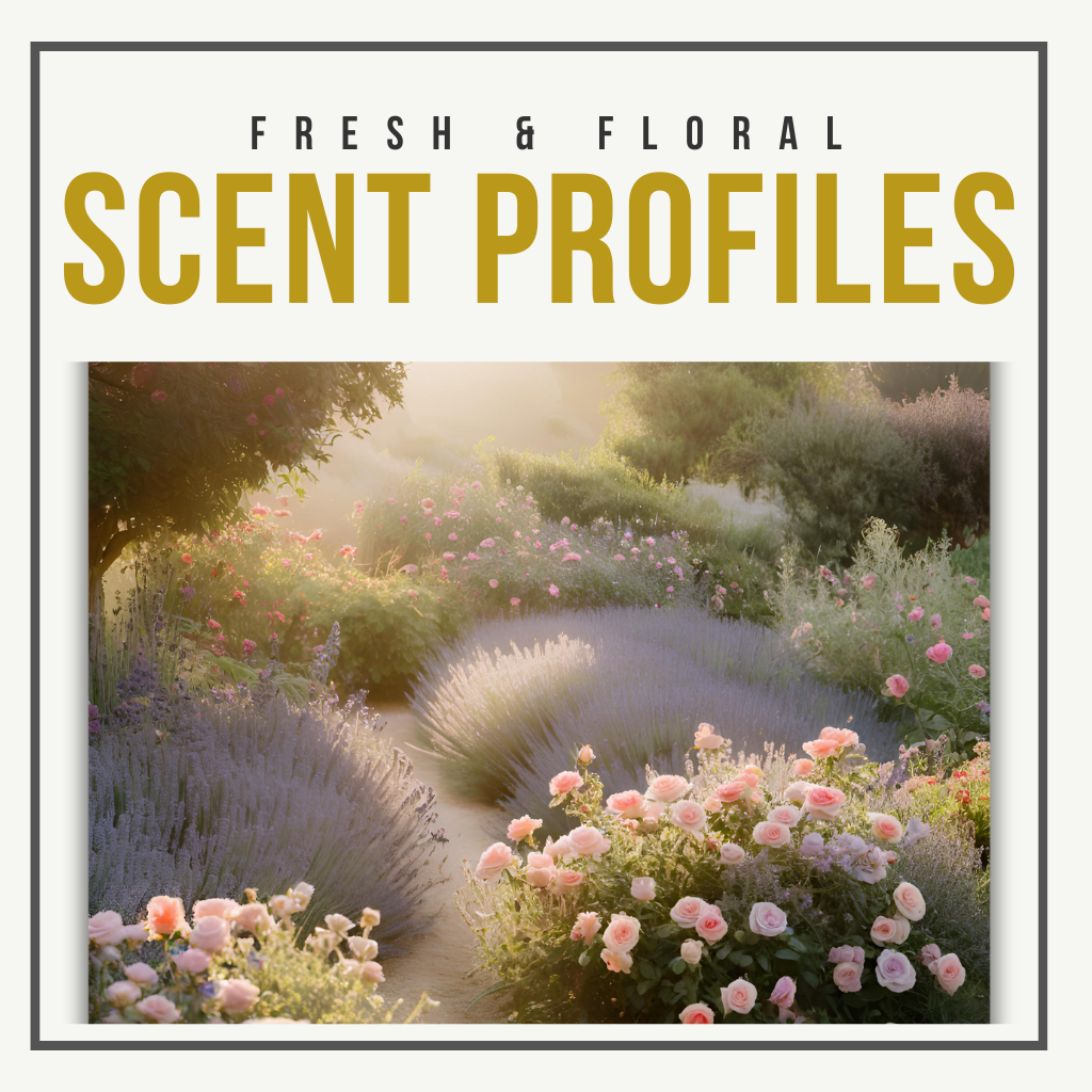 A vibrant garden scene with blooming lavender, soft-petaled roses, and assorted greenery, evoking the theme “FRESH & FLORAL SCENT PROFILES” in elegant white text at the top—delicate and uplifting.