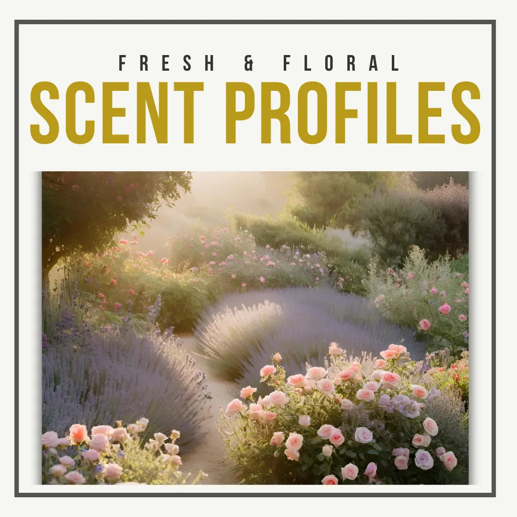 A vibrant garden scene with blooming lavender, soft-petaled roses, and assorted greenery, evoking the theme “FRESH & FLORAL SCENT PROFILES” in elegant white text at the top—delicate and uplifting.
