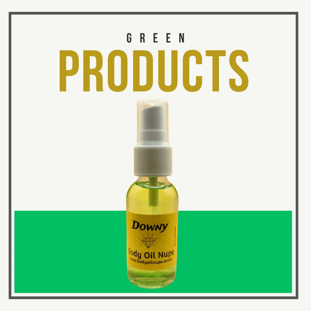 A spray bottle of “Downy Body Oil Nut” with yellow liquid and a white cap stands centered on a two-tone background—white on top, green on bottom. The bold header “GREEN PRODUCTS” highlights freshness and eco-friendly appeal.