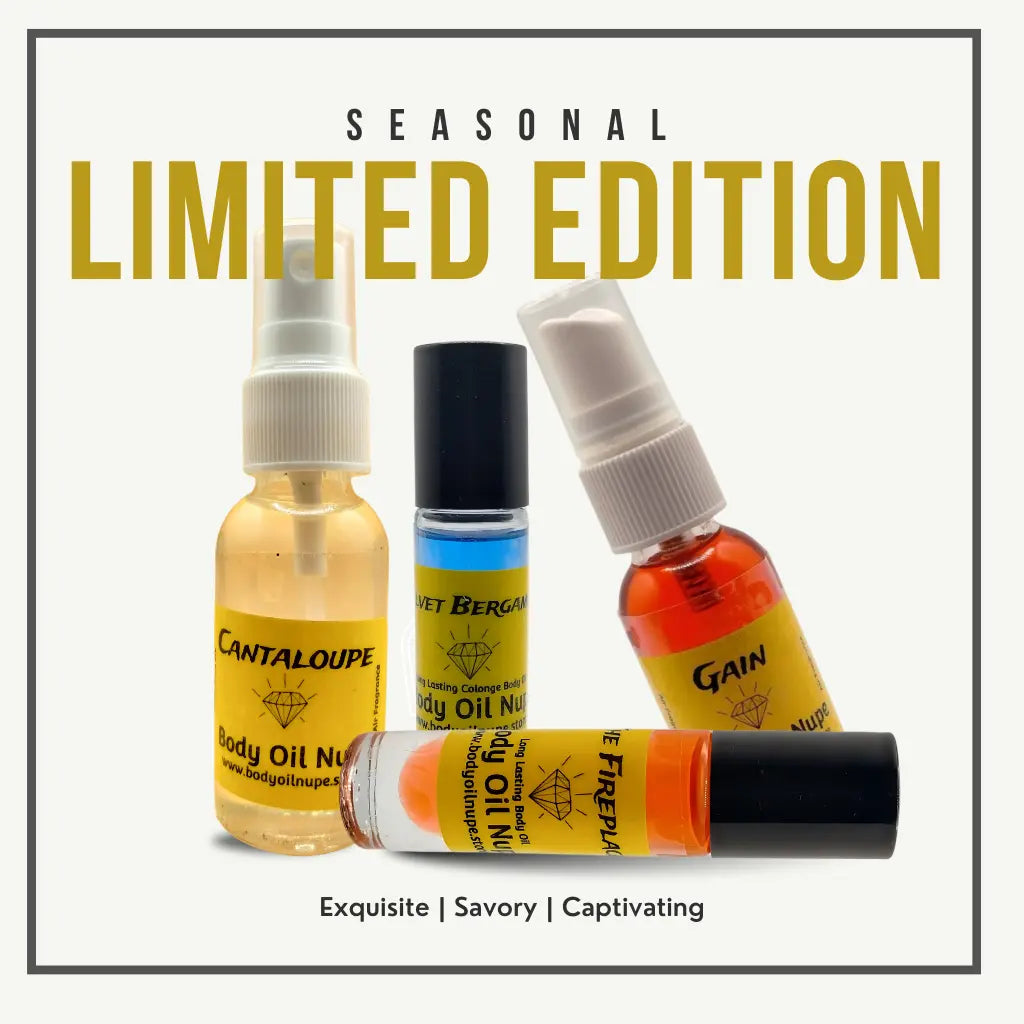 Four body oil bottles labeled Cantaloupe, Sweet Bergamot, Gain, and Firefly stand side by side under the heading “SEASONAL LIMITED EDITION.” Below them, the words “Exquisite | Savory | Captivating” appear in gold.