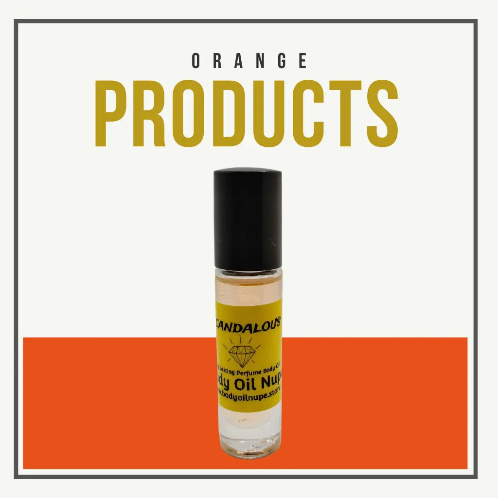 A small bottle labeled “SCANDALOUS Body Oil Natural” with a black cap sits centered on a split background—white above, orange below. Bold text above reads “ORANGE PRODUCTS,” suggesting bold, vibrant fragrance appeal.
