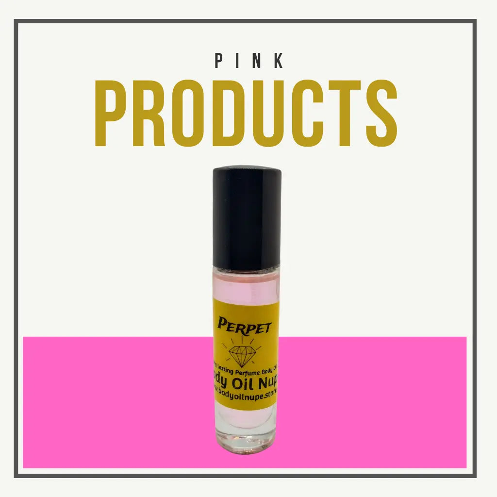 A bottle of “Perpet Body Oil N.U.” with a black cap and yellow label is centered against a split background—white above and pink below. Bold gold text at the top reads “PINK PRODUCTS,” highlighting a feminine and luxurious fragrance line.