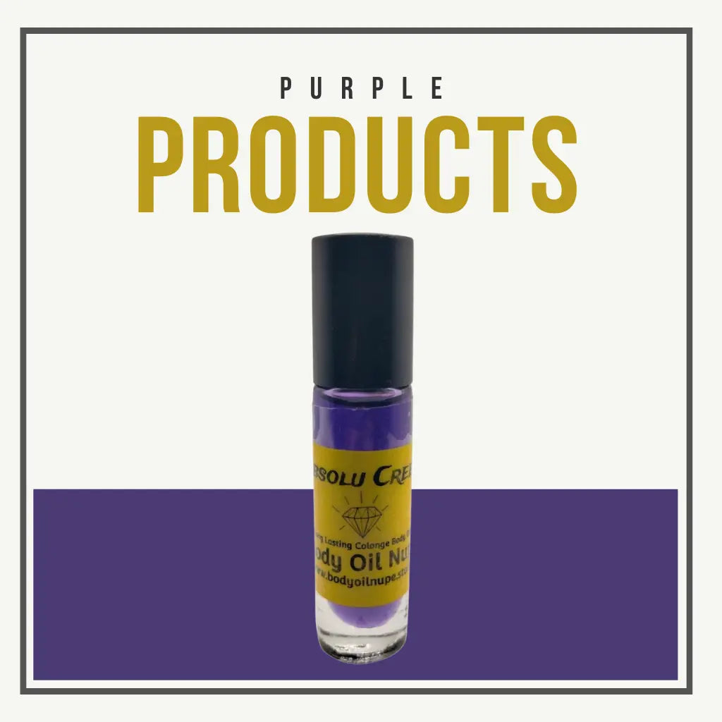 A bottle of “Body Oil No. 1” by HOLU CRE with purple liquid and a black cap stands centered on a two-tone background—white above, purple below. Bold gold text above reads “PURPLE PRODUCTS,” showcasing bold, creative fragrance vibes.
