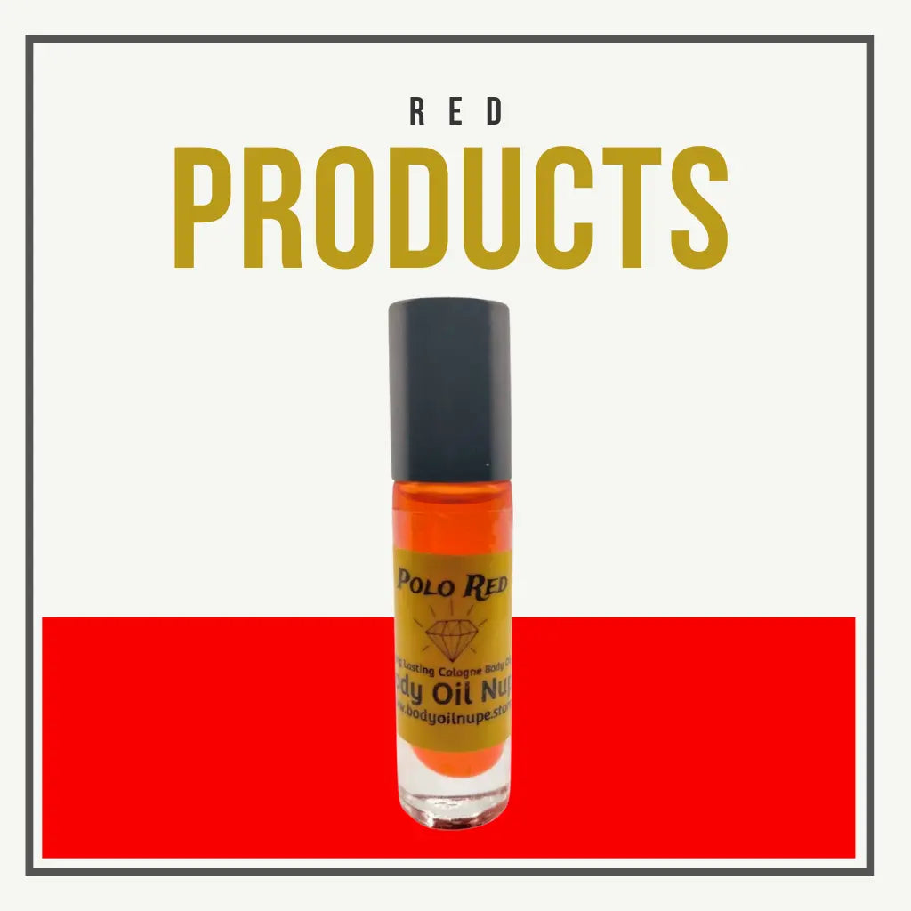 A small bottle labeled “Polo Red Body Oil Natural” with orange liquid and a black cap stands centered on a white and red split background. Bold gold text above reads “RED PRODUCTS,” evoking bold, energizing fragrance vibes.