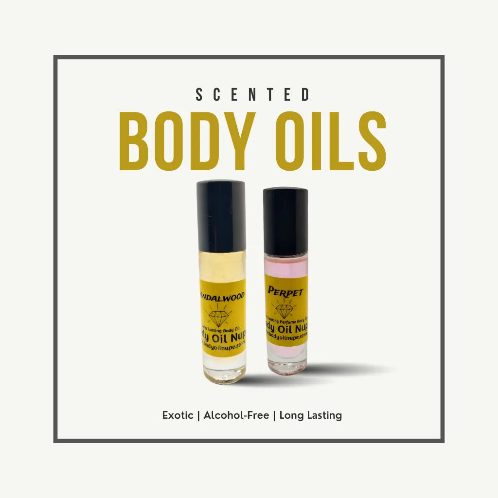 Two bottles of scented body oils labeled “FRANKINCENSE” and “PEPPY” stand side by side beneath bold text reading “SCENTED BODY OILS.” Tagline below highlights: “Exotic | Alcohol-Free | Long Lasting.” Clean, vibrant layout with premium appeal.