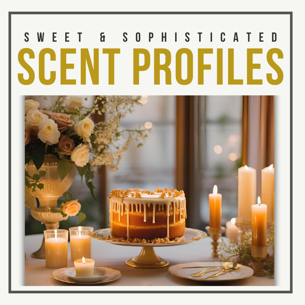 A caramel-drizzled cake on a stand, surrounded by lit candles and a floral bouquet on an elegant table. Soft window light sets a cozy mood beneath the gold title “SWEET & SOPHISTICATED SCENT PROFILES.”