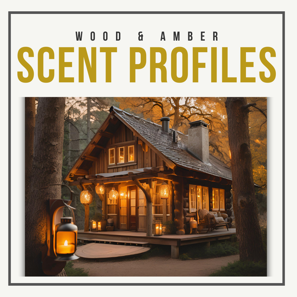 A rustic cabin glows with lantern light among tall trees. The warm, earthy scene highlights the "WOOD & AMBER SCENT PROFILES" theme, evoking cozy, rich, and grounding fragrance notes.