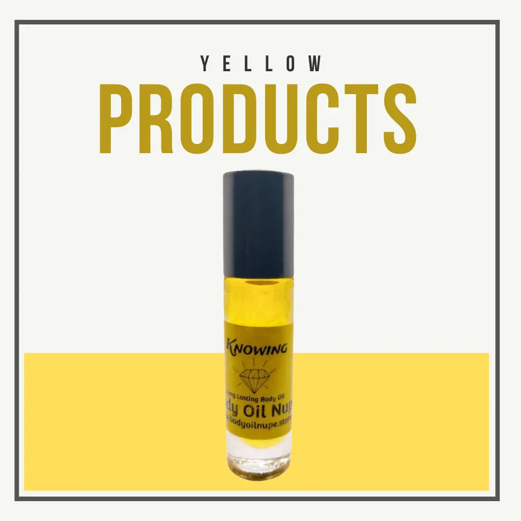 A small bottle labeled “KNOWANG Body Oil N.U.” filled with yellow oil and capped in black stands against a dual-tone background—white on top, yellow below. Bold yellow text above reads “YELLOW PRODUCTS,” showcasing a bright, vibrant fragrance line.