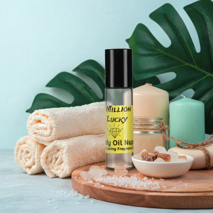 Million Lucky long‑lasting fragrance body oil displayed on a wooden spa tray with rolled towels, candles, bath salts, and tropical leaves for a luxurious self‑care aesthetic
