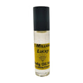 1 Million Lucky Body Oil by Body Oil Nupe, roll-on bottle of body oil with a black cap and yellow label on a white background, clear-yellowish fragrance oil, long-lasting unisex scent