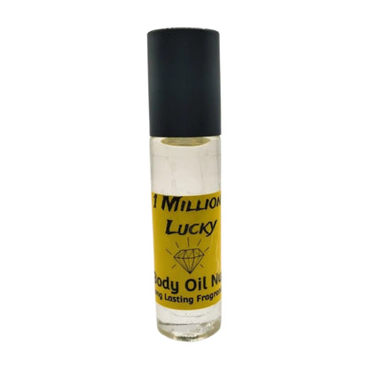 1 Million Lucky Body Oil by Body Oil Nupe, roll-on bottle of body oil with a black cap and yellow label on a white background, clear-yellowish fragrance oil, long-lasting unisex scent