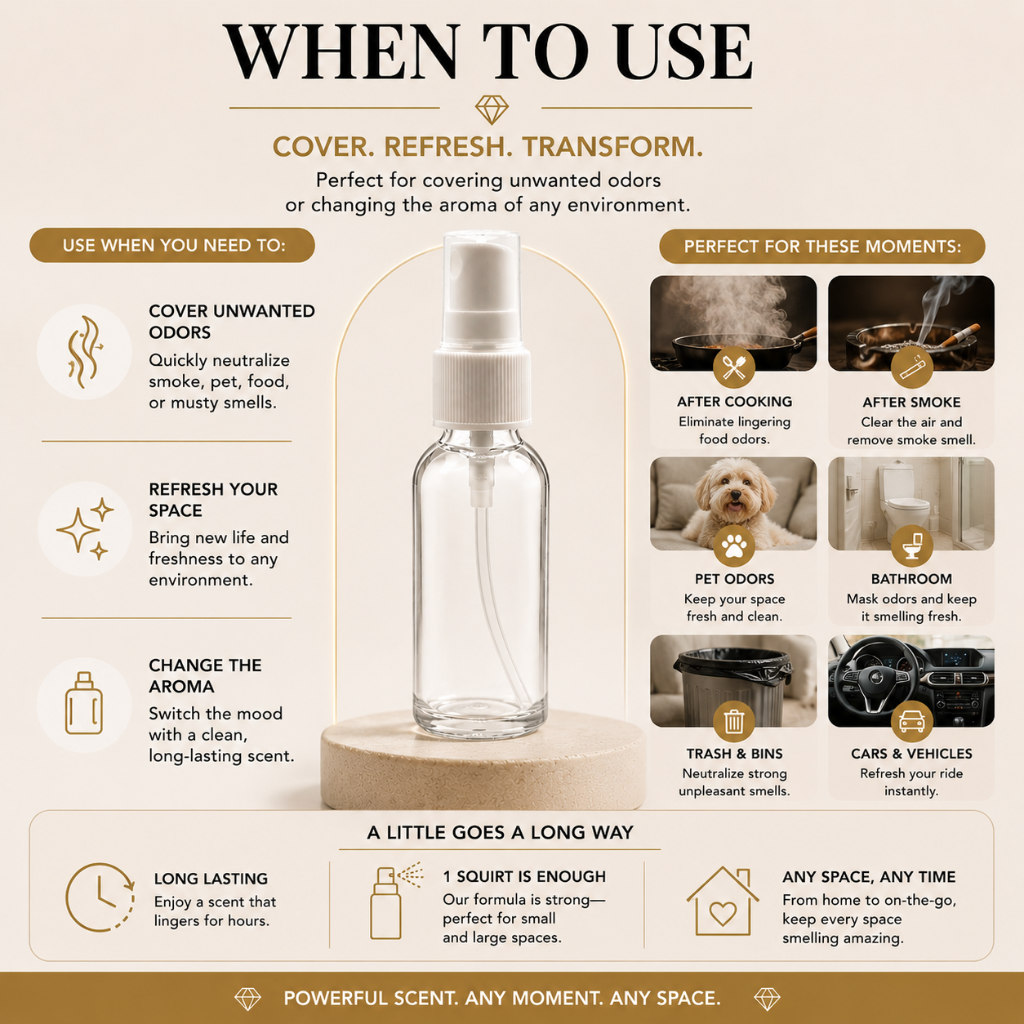 Body Oil Nupe long lasting air fragrance spray bottle designed to eliminate odors and refresh indoor spaces, featuring a concentrated room spray formula ideal for bathrooms, cars, offices, bedrooms, smoke odors, pet odor control, and daily home freshness with a clean luxurious aroma and sleek premium bottle design.