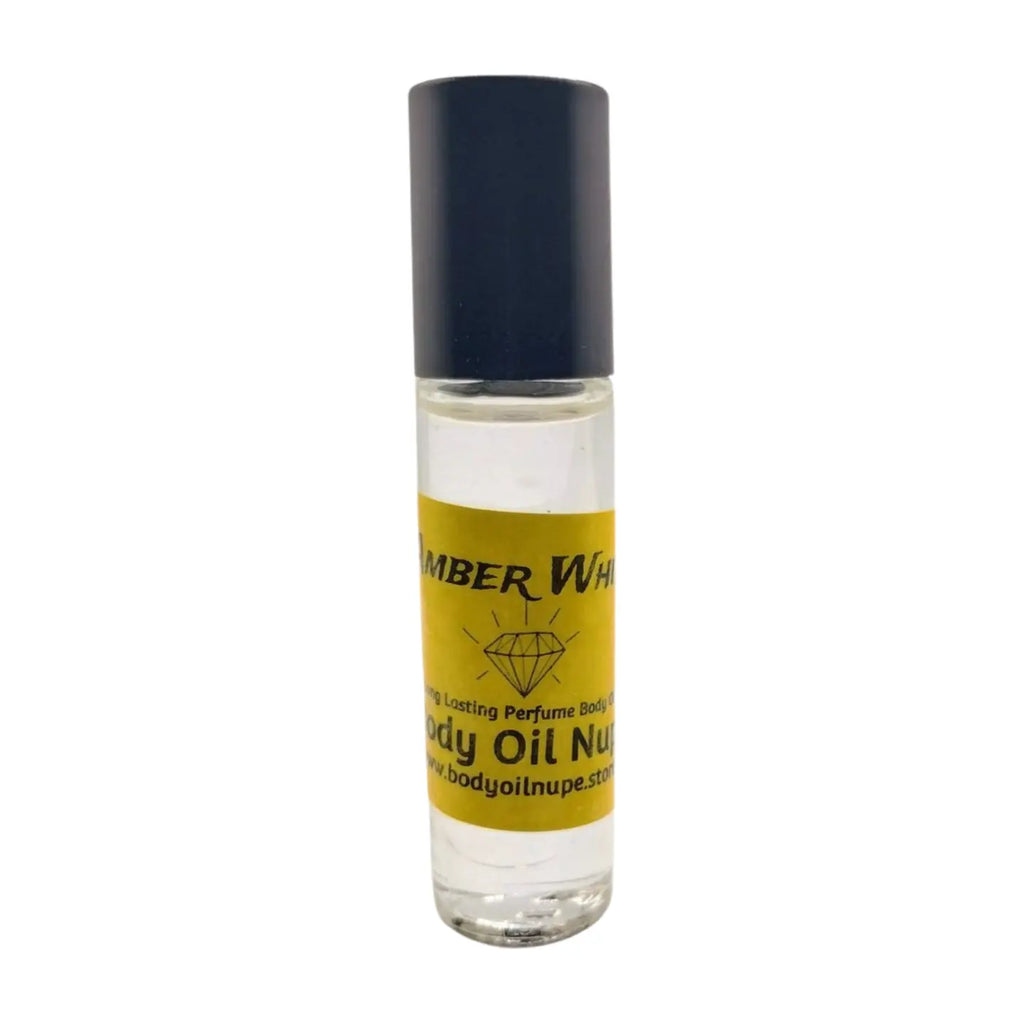 A clear bottle of Amber White body oil with a black cap and a label that includes the product name and brand.