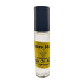 A clear bottle of Amber White body oil with a black cap and a label that includes the product name and brand.
