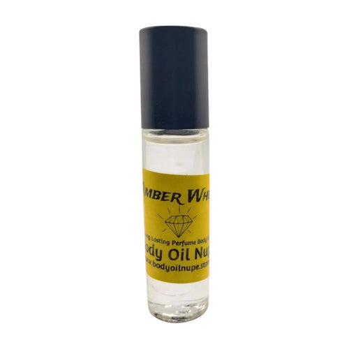 A clear bottle of Amber White body oil with a black cap and a label that includes the product name and brand.