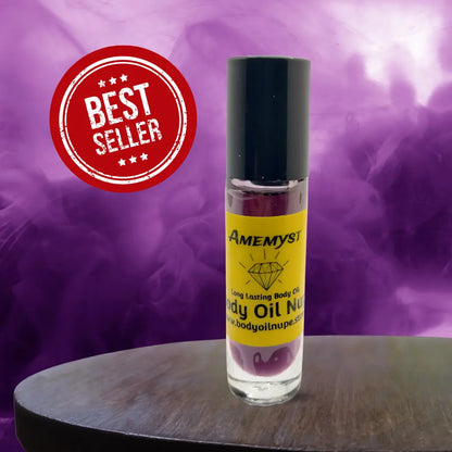 Long‑lasting Amemyst body oil presented on a wooden table with a dramatic purple smoky background and a prominent best‑seller tag for strong visual appeal.