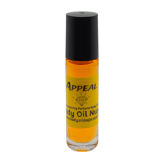 Appeal Body Oil by Body Oil Nupe, roll-on bottle of body oil with a black cap and yellow label on a white background, orange fragrance oil, long-lasting fragrance scent
