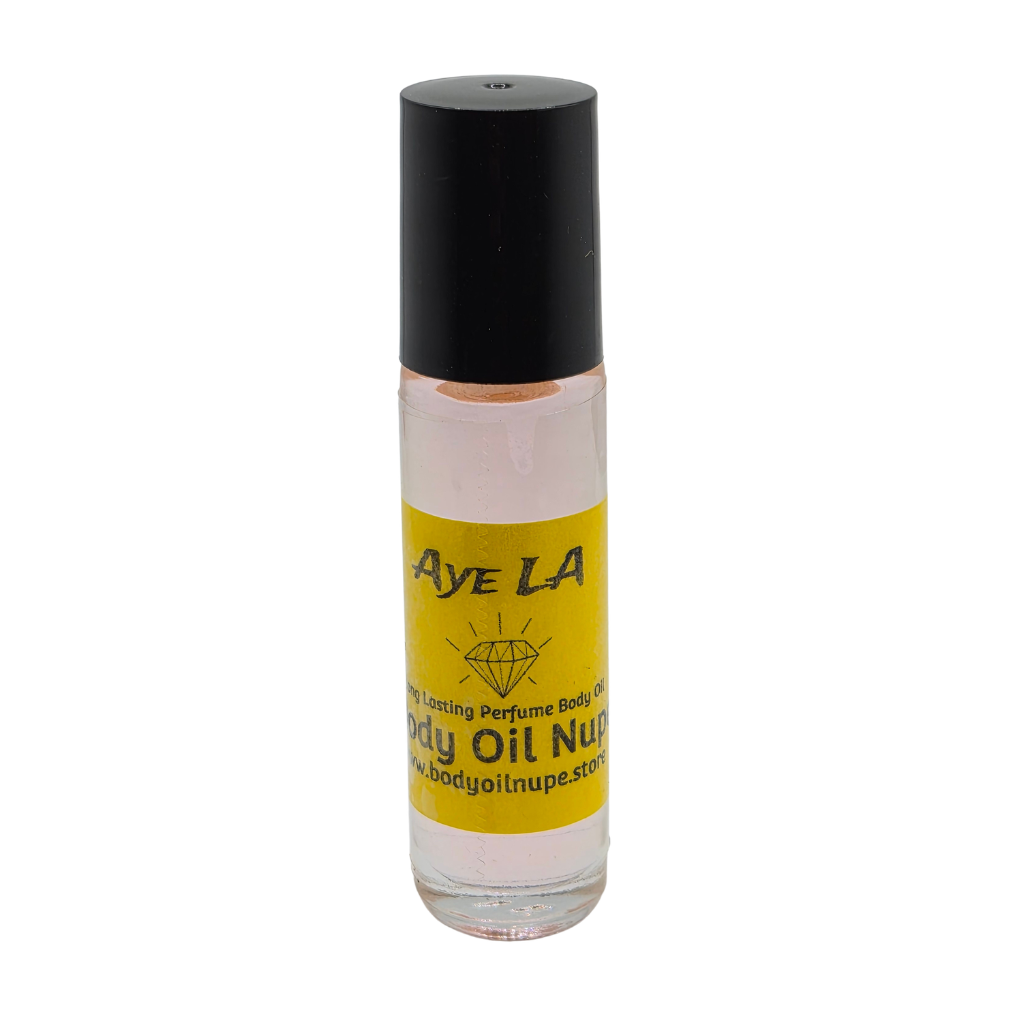 Aye LA Body Oil by Body Oil Nupe, roll-on bottle of body oil with a black cap and yellow label on a white background, orange fragrance oil, long-lasting fragrance scent