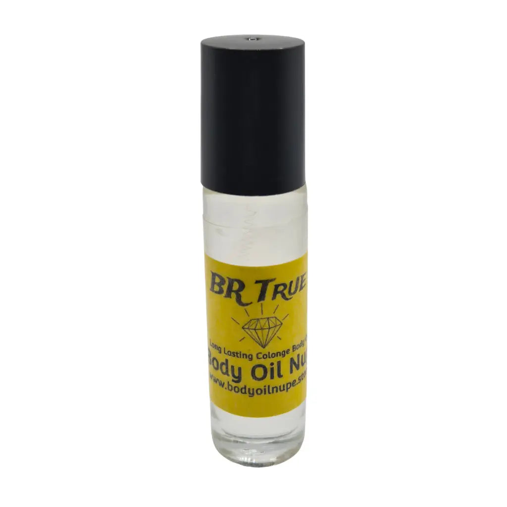 BR True Body Oil by Body Oil Nupe, roll-on bottle of body oil with a black cap and yellow label on a white background, clear fragrance oil, long-lasting tropical citrus and smooth scent