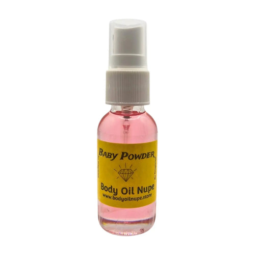 Small bottle of 'Baby Powder' air fragrance with a yellow label on a white background