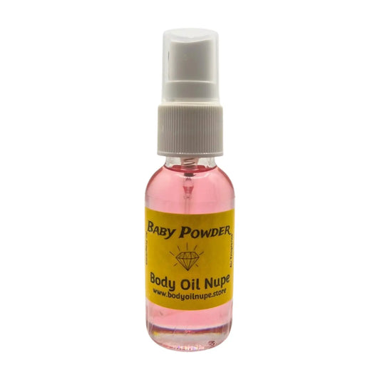 Small bottle of 'Baby Powder' air fragrance with a yellow label on a white background