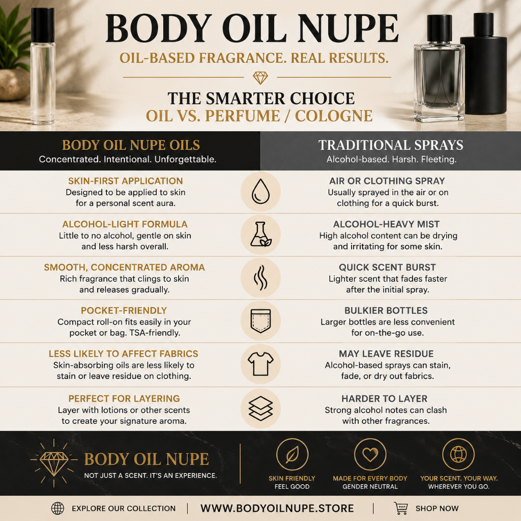 Body Oil Nupe fragrance oil comparison chart featuring long-lasting aroma oils vs traditional cologne sprays, alcohol-light body oils for men and women, concentrated fragrance oils, skin-friendly scented oils, luxury roll-on perfume alternative, pocket-size fragrance oil, premium unisex body oil with rich aroma and smooth application.