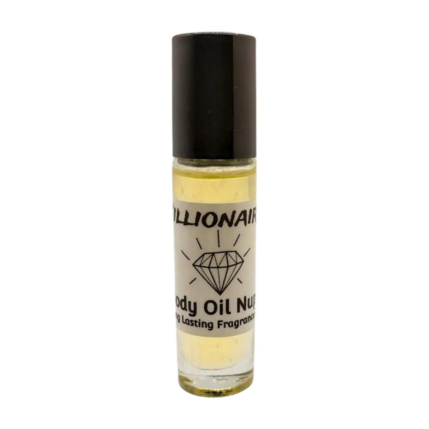 A small, clear glass bottle with a black cap, labeled 'Billionaire' by Body Oil Nupe, indicating a Prestigious Signature Fragrance for men. Long-lasting fragrance from Body Oil Nupe