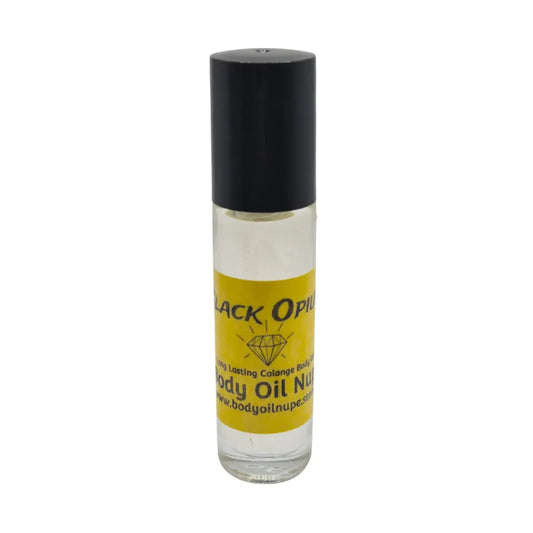 Roll-on bottle of body oil with a black cap and yellow label on a white background of minty long lasting fragrance scent