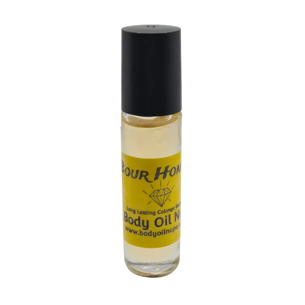 Bour Homme Body Oil by Body Oil Nupe, roll-on bottle of body oil with a black cap and yellow label on a white background, goldish yellow fragrance oil, long-lasting spicy and exotic scent
