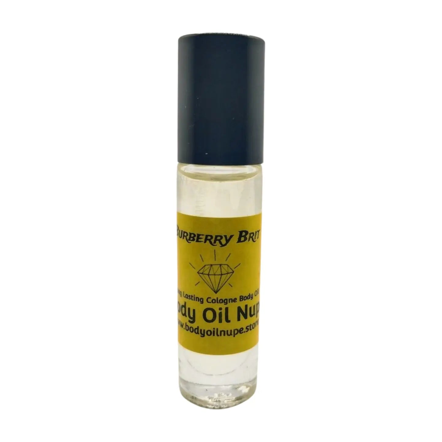 A clear glass bottle with a black cap, labeled as 'Burberry Brit', containing amber-colored body oil. Long-lasting fragrance from Body Oil Nupe