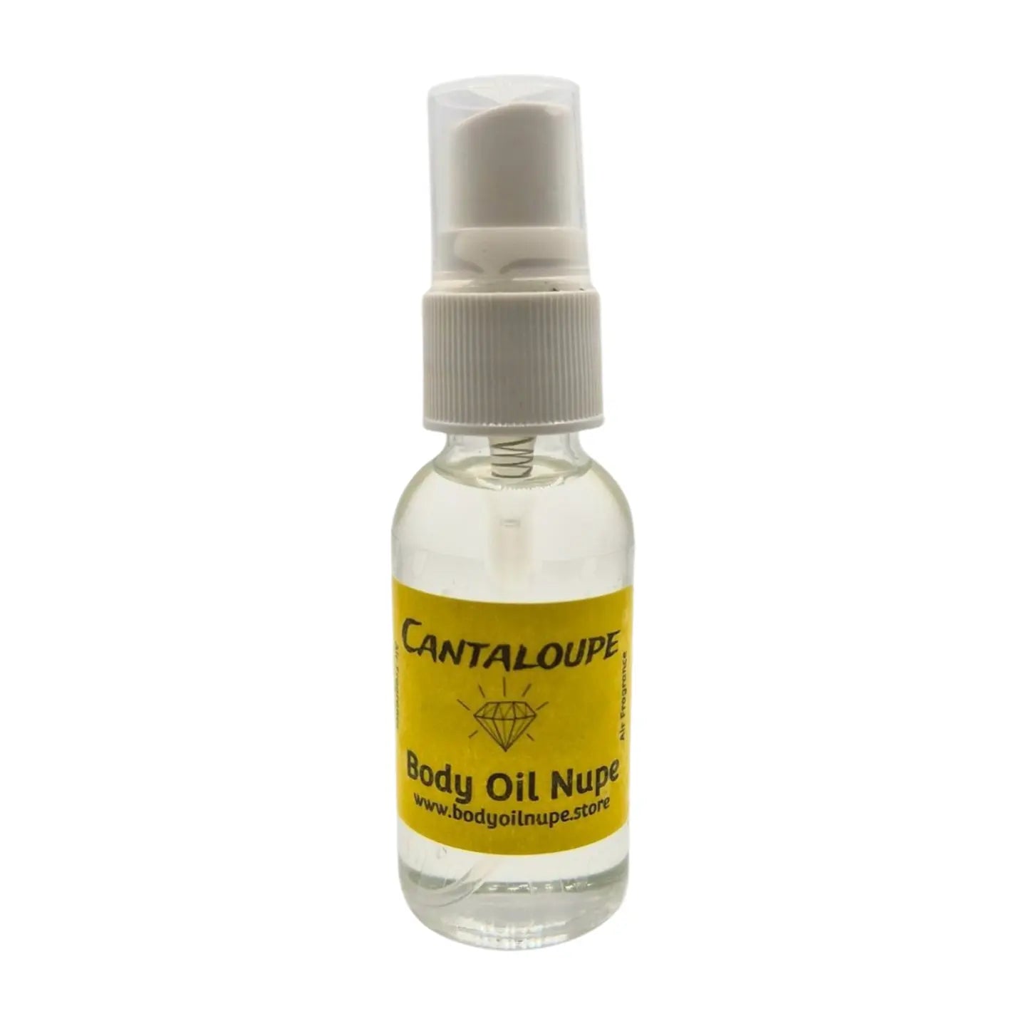 Clear bottle with a yellow label on a white background, cantaloupe air fresherner fragrance