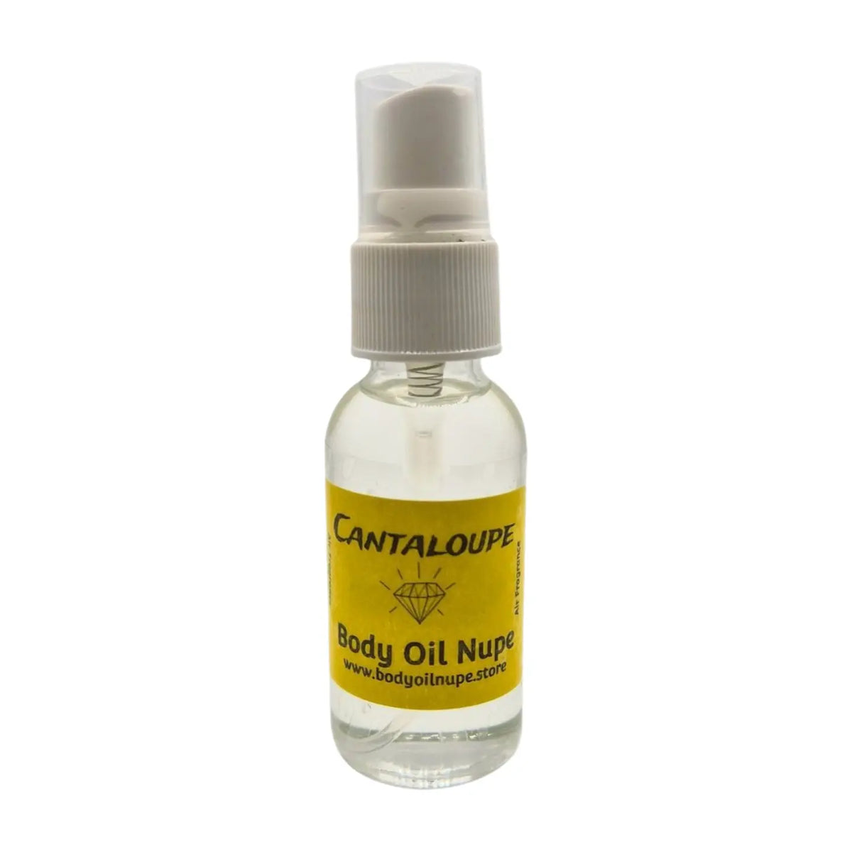 Clear bottle with a yellow label on a white background, cantaloupe air fresherner fragrance
