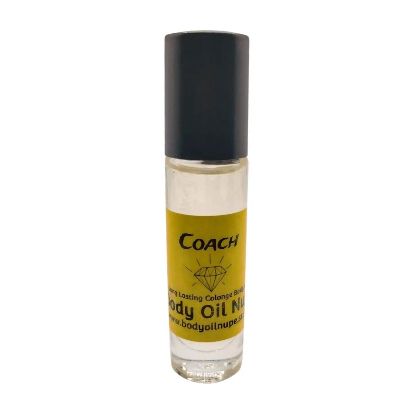 A clear bottle with a black cap labeled 'Coach' containing amber body oil. Long-lasting fragrance from Body Oil Nupe