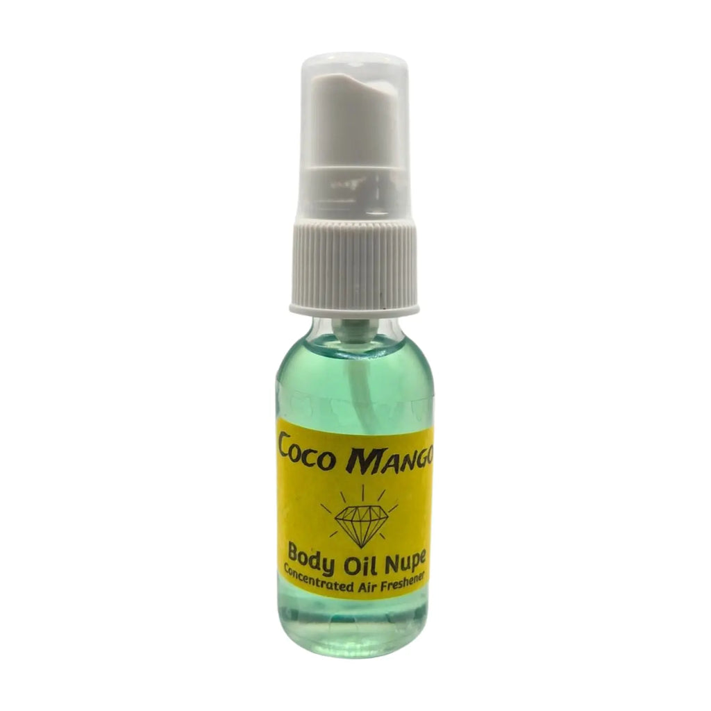 Coco Mango Air Fragrance by Body Oil Nupe, spray bottle with white cap and yellow label on a white background, green liquid, long-lasting chocolate and mango tropical scent