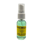 Coco Mango Air Fragrance by Body Oil Nupe, spray bottle with white cap and yellow label on a white background, green liquid, long-lasting chocolate and mango tropical scent
