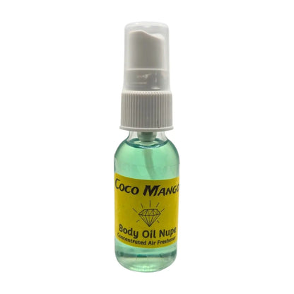 Coco Mango Air Fragrance by Body Oil Nupe, spray bottle with white cap and yellow label on a white background, green liquid, long-lasting chocolate and mango tropical scent
