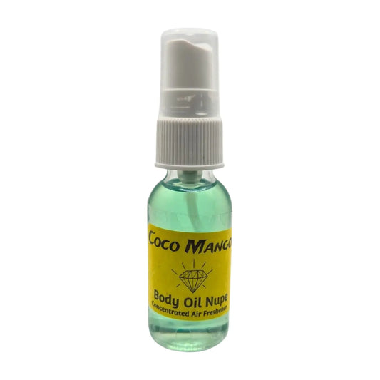 Coco Mango Air Fragrance by Body Oil Nupe, spray bottle with white cap and yellow label on a white background, green liquid, long-lasting chocolate and mango tropical scent